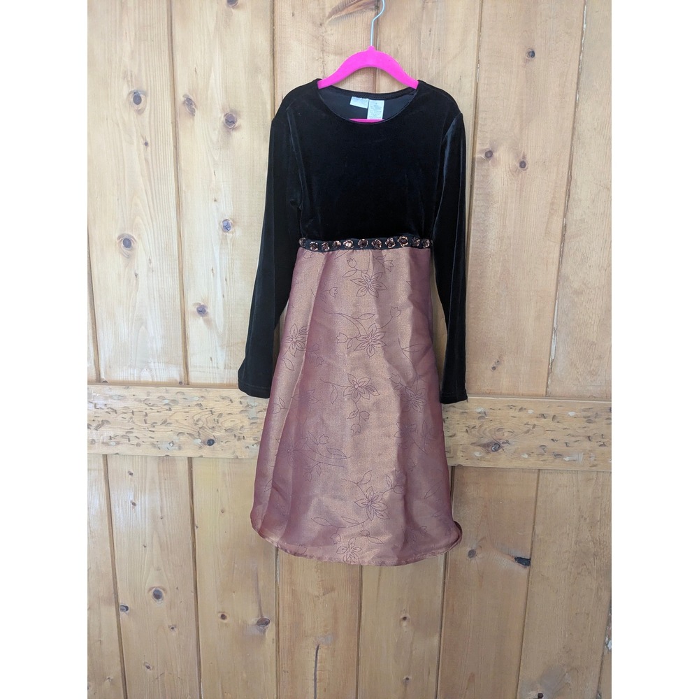 Perfectly Dressed Girls Black Velvet Bronze Metallic Floral Party Dress Size 8